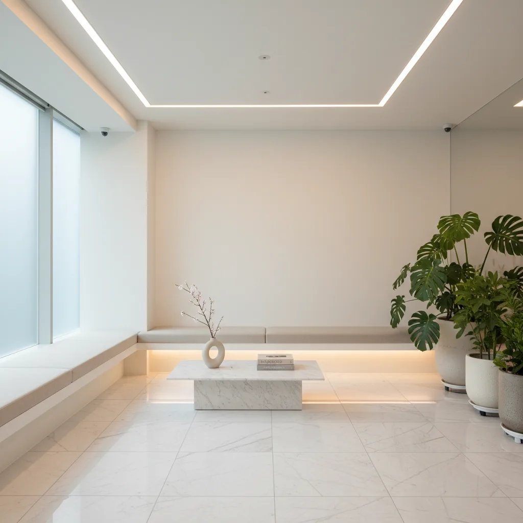 Clean, minimal Gangnam aesthetic clinic waiting room with white walls, marble surfaces, and soft lighting