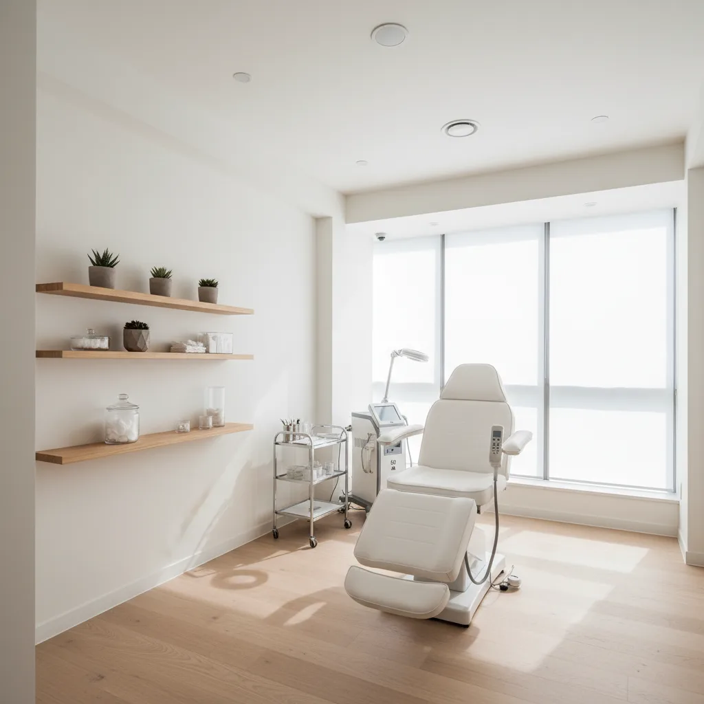 Minimal treatment room in a premium Gangnam aesthetic clinic with soft natural light, padded chair, and clean white walls