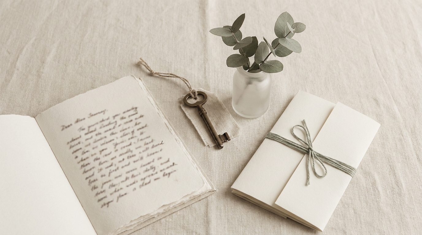 Open journal, brass key with linen tag, frosted jar of eucalyptus, and folded ivory envelope on warm linen, visual metaphor for preparing a clinic booking