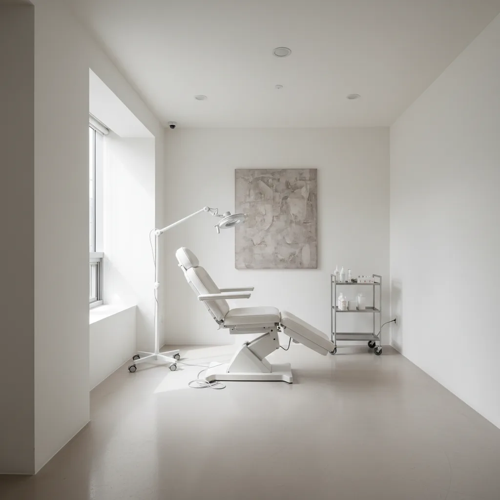 Minimal modern aesthetic clinic treatment room in Gangnam Seoul with soft natural lighting