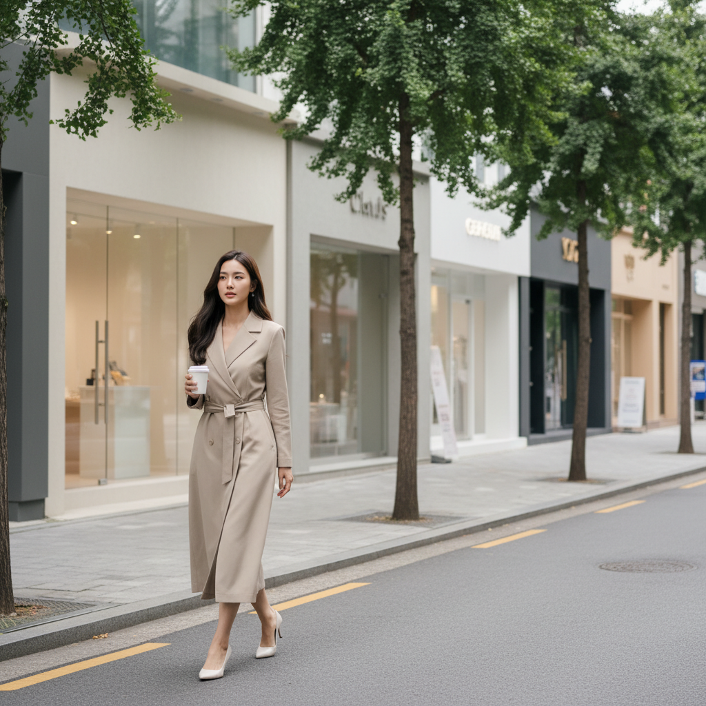 A young woman walking down a sunlit Gangnam street in Seoul holding a paper takeaway coffee cup