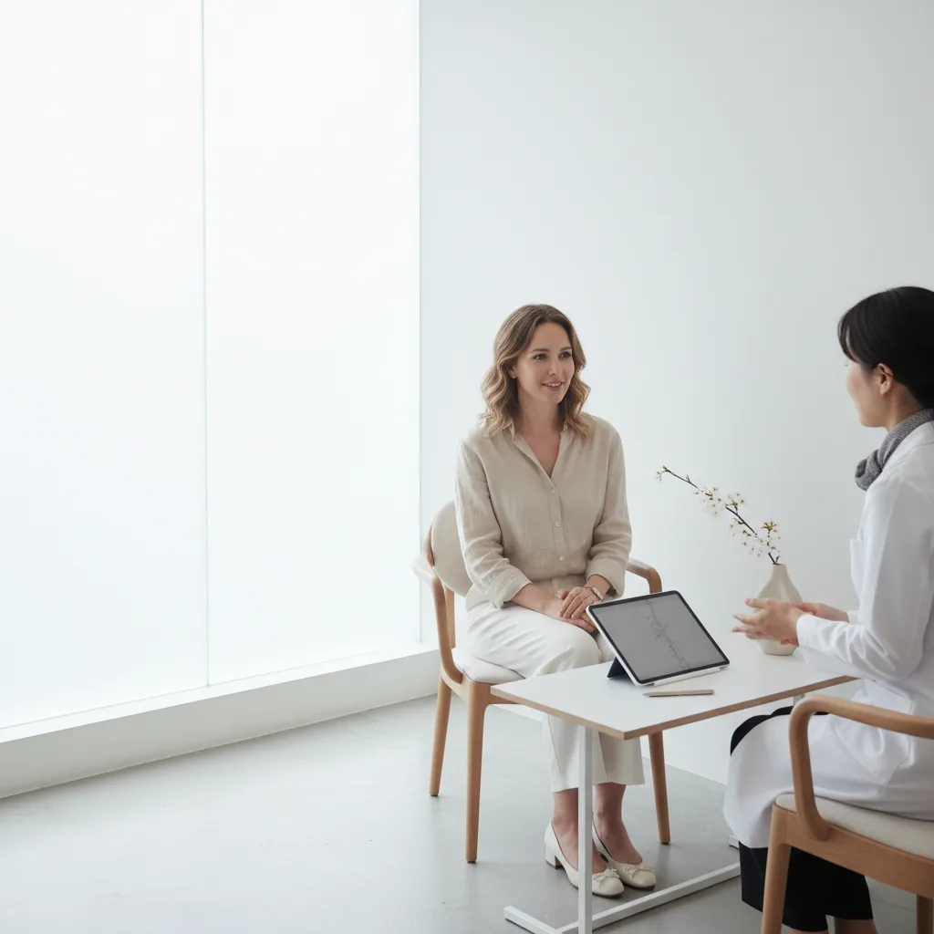 Caucasian woman consulting with a doctor in a minimal Gangnam aesthetic clinic treatment room