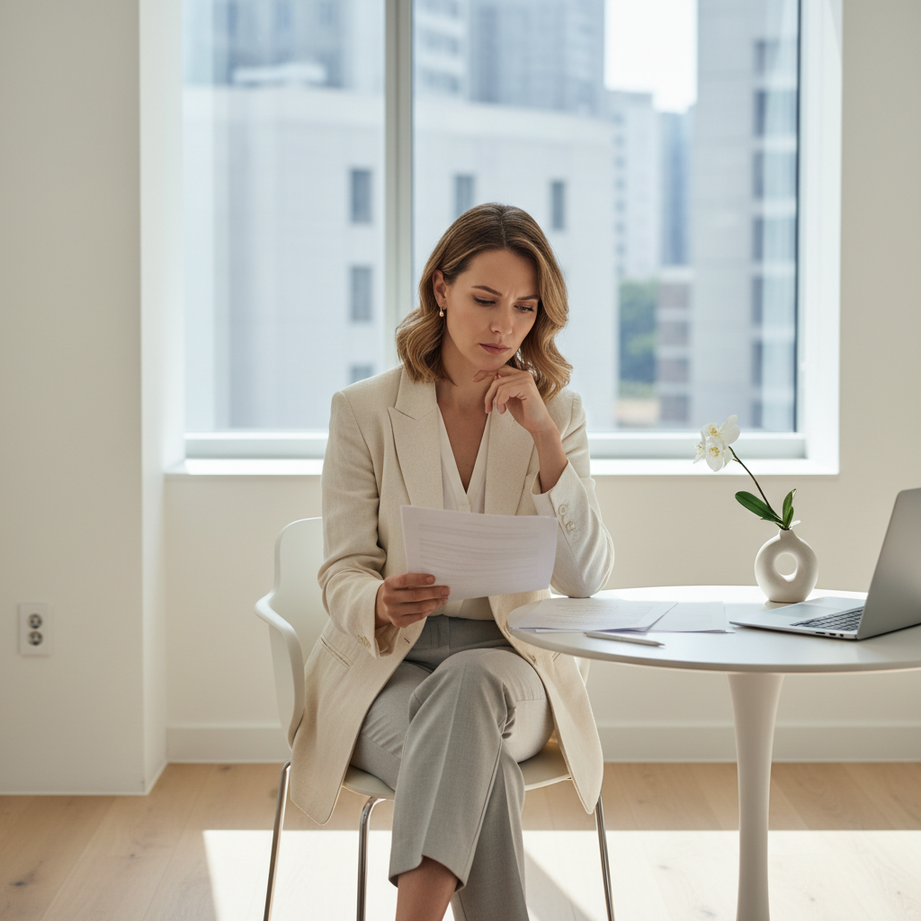 Caucasian woman in a modern Seoul clinic consultation room reviewing paperwork before her appointment