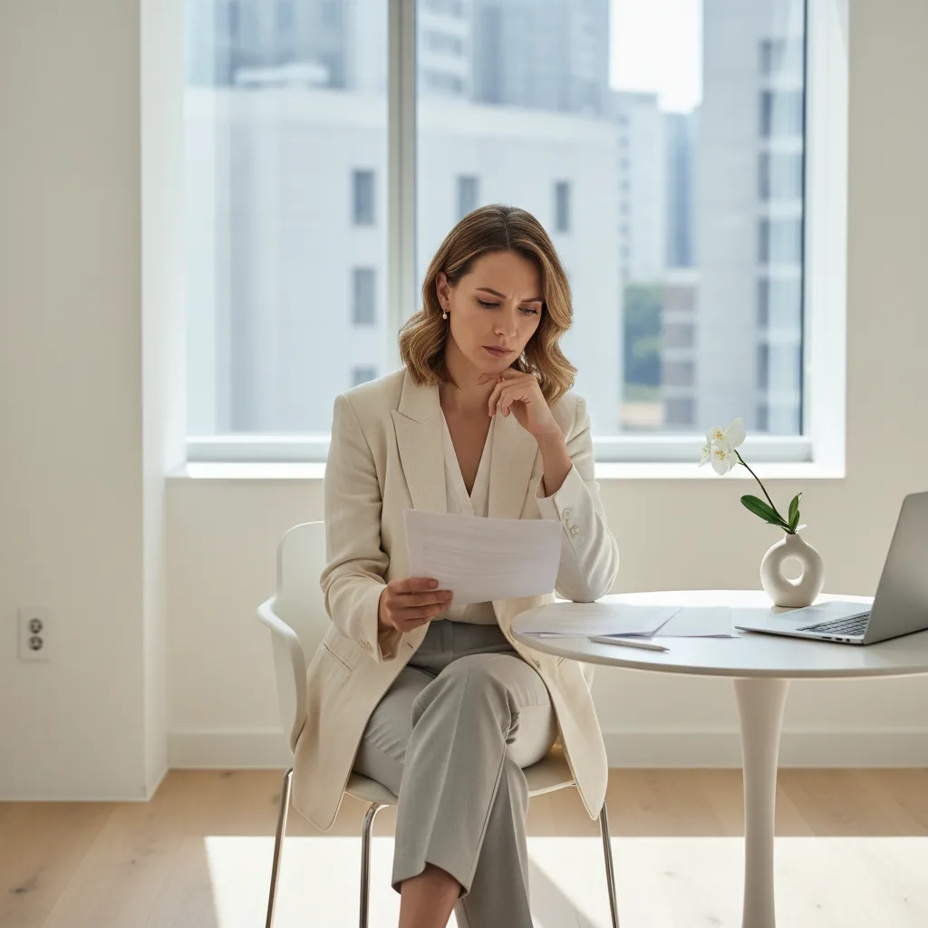 Caucasian woman in a modern Seoul clinic consultation room reviewing paperwork before her appointment
