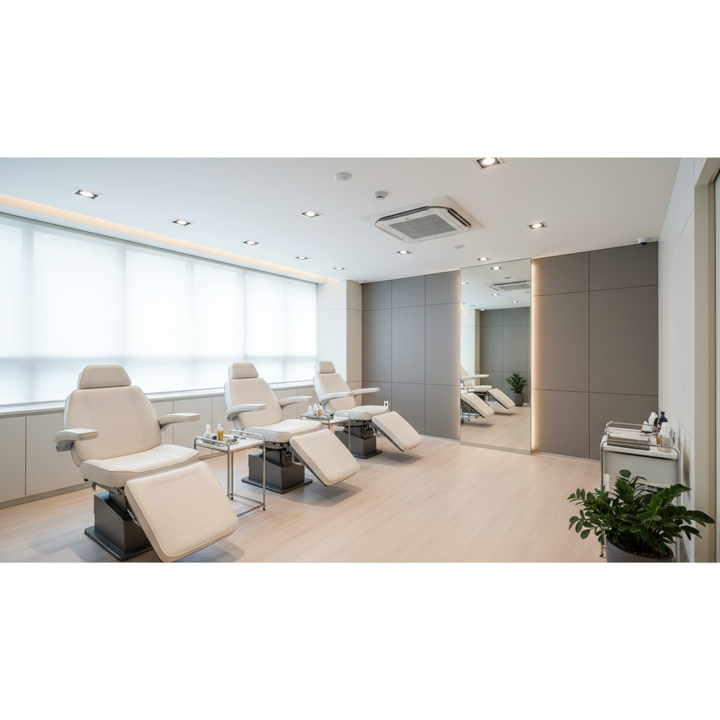 Modern hair restoration clinic treatment room in Apgujeong, Seoul, with sleek medical chairs and minimal interior