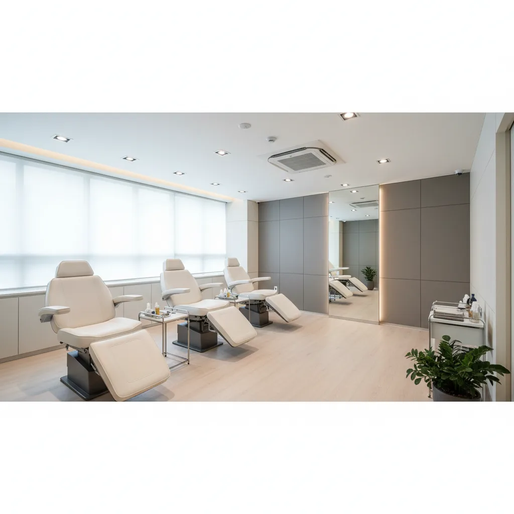 Modern hair restoration clinic treatment room in Apgujeong, Seoul, with sleek medical chairs and minimal interior