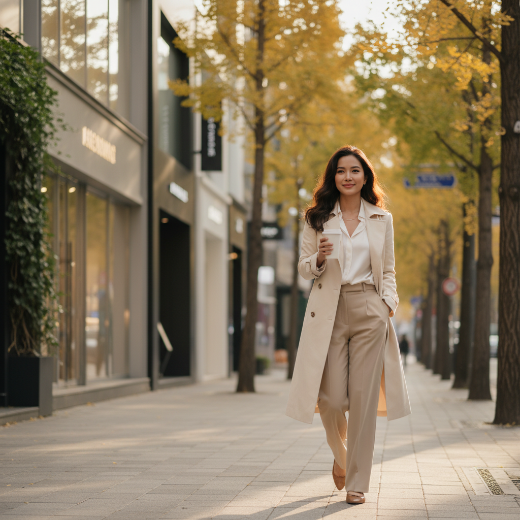 Thai woman in her late twenties walking along Apgujeong-ro in Seoul after a clinic visit, holding a coffee cup in afternoon light