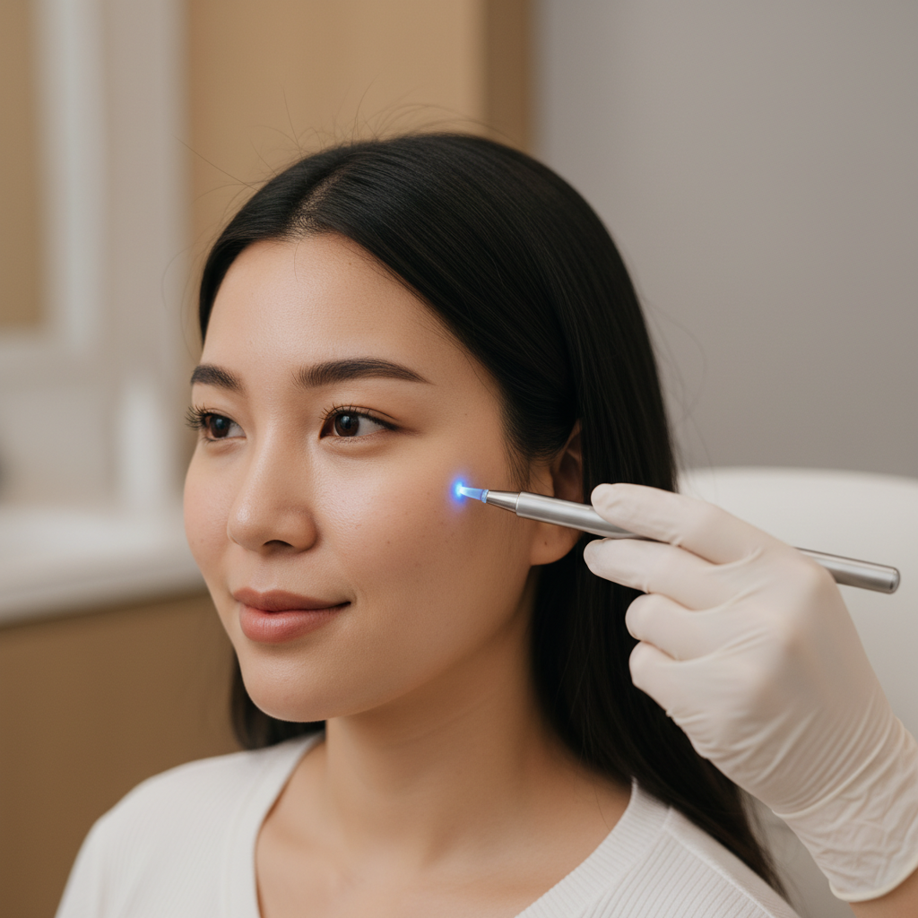 Doctor mapping subtle acne scarring on a patient's cheek under raking light in a Gangnam aesthetic clinic consultation room.