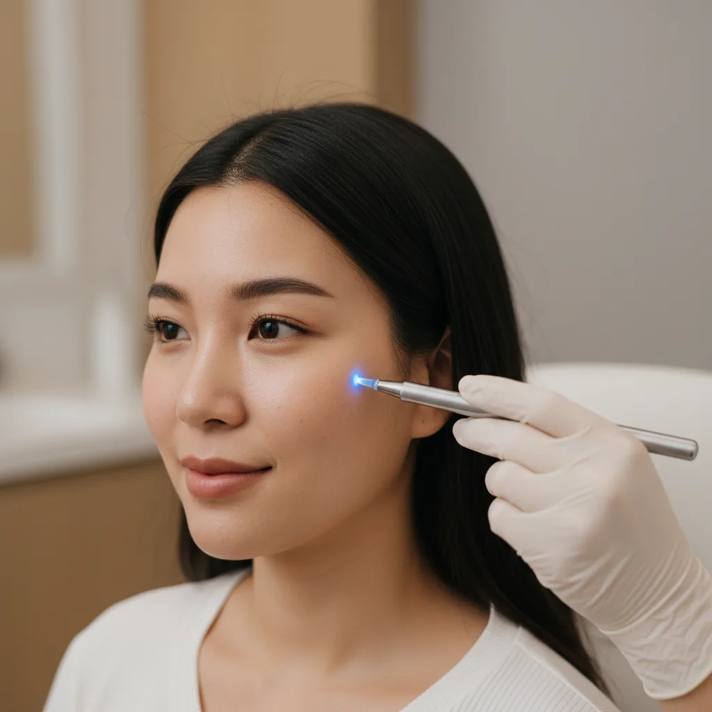 Doctor mapping subtle acne scarring on a patient's cheek under raking light in a Gangnam aesthetic clinic consultation room.