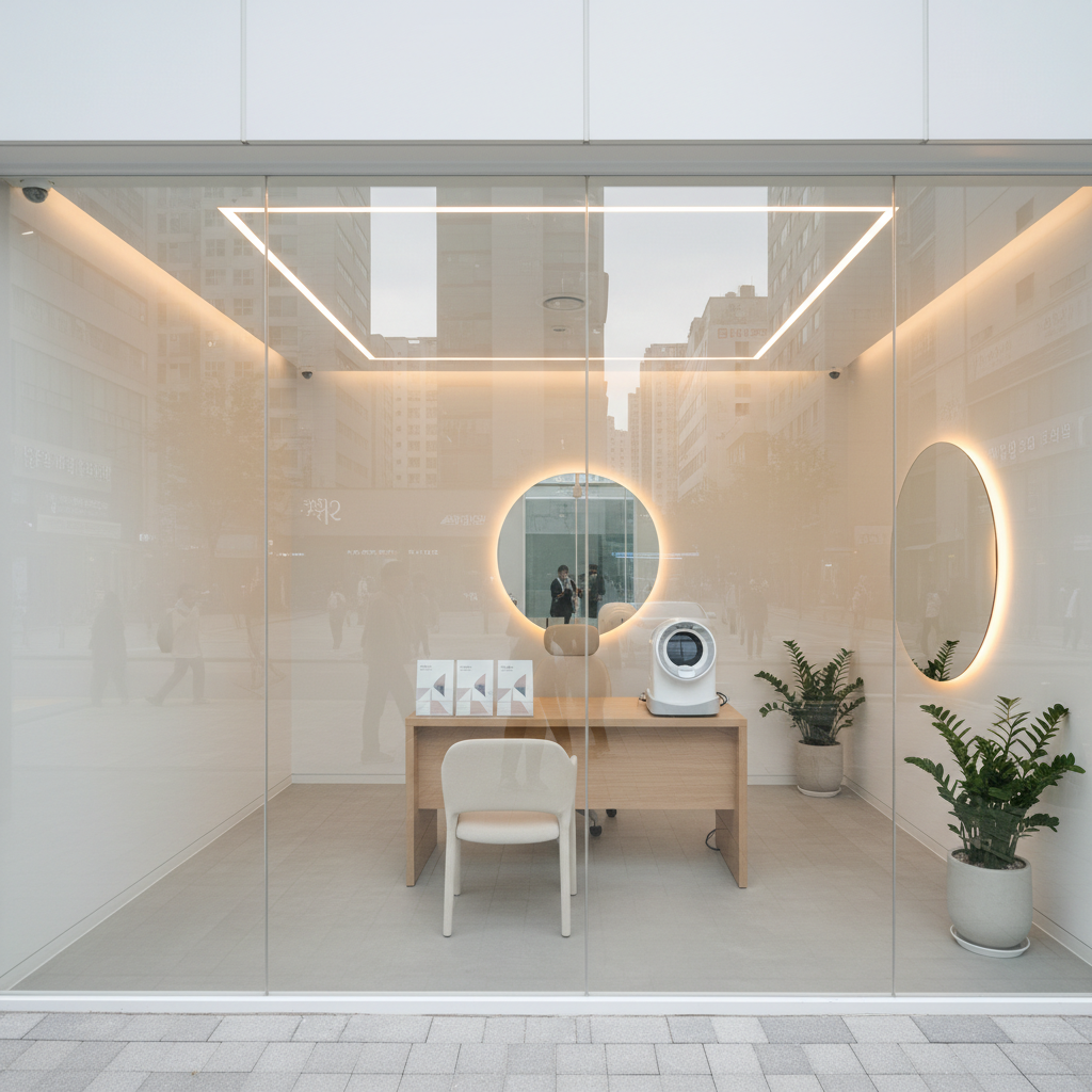 Minimalist aesthetic clinic consultation room in Gangnam, Seoul, with a doctor's desk and skin analysis device