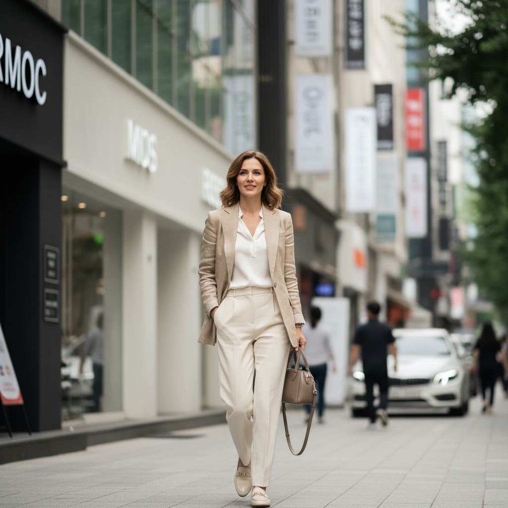Caucasian woman in her early thirties walking along a Gangnam street in Seoul, upscale clinic buildings blurred in the background