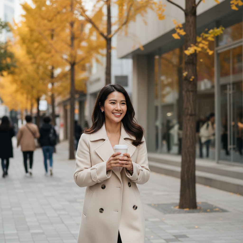 A medical-tourist walking down a quiet Apgujeong side street near Dosan Park after a clinic visit