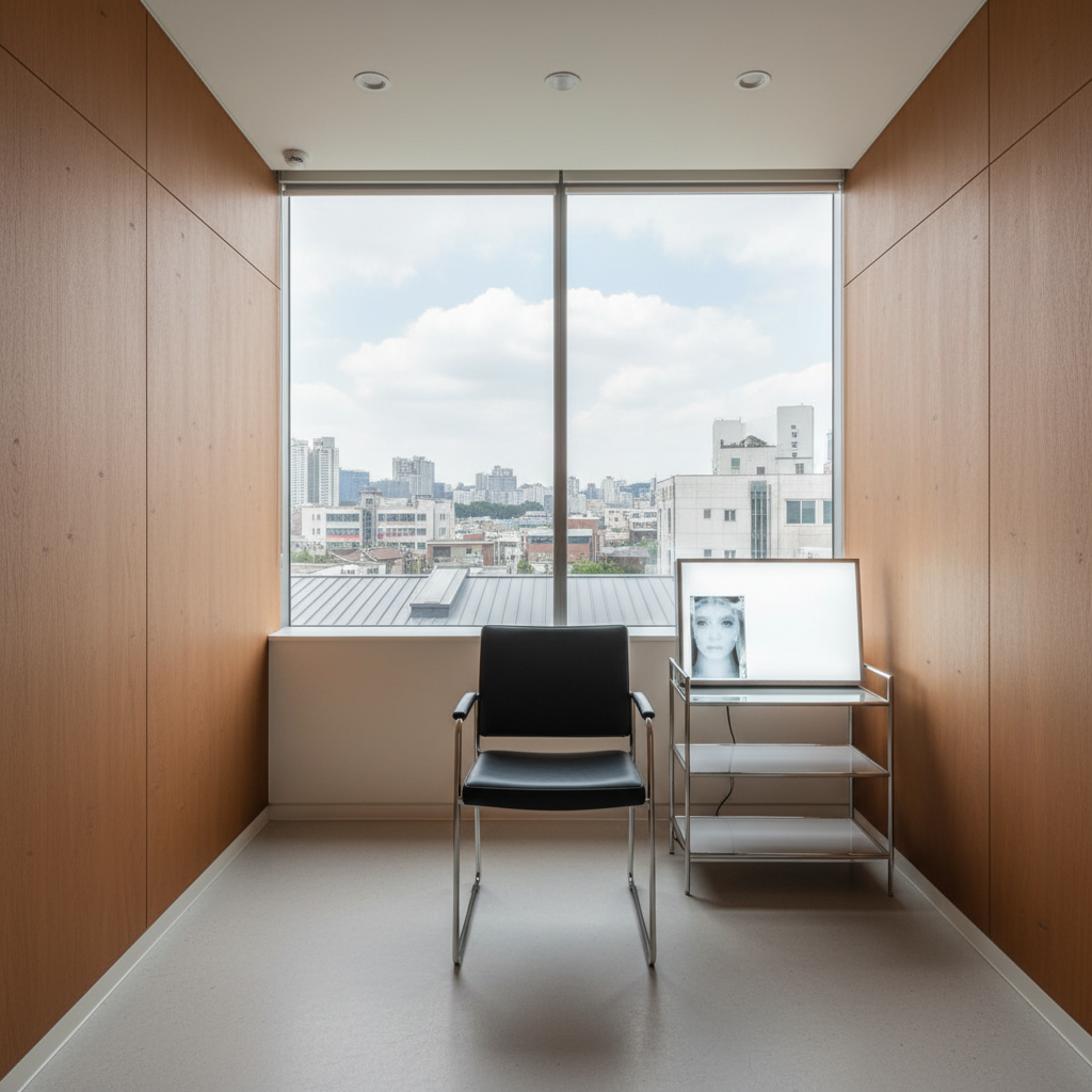 Modern eyelid surgery consultation room in a premium Apgujeong clinic with minimal wood paneling and natural daylight