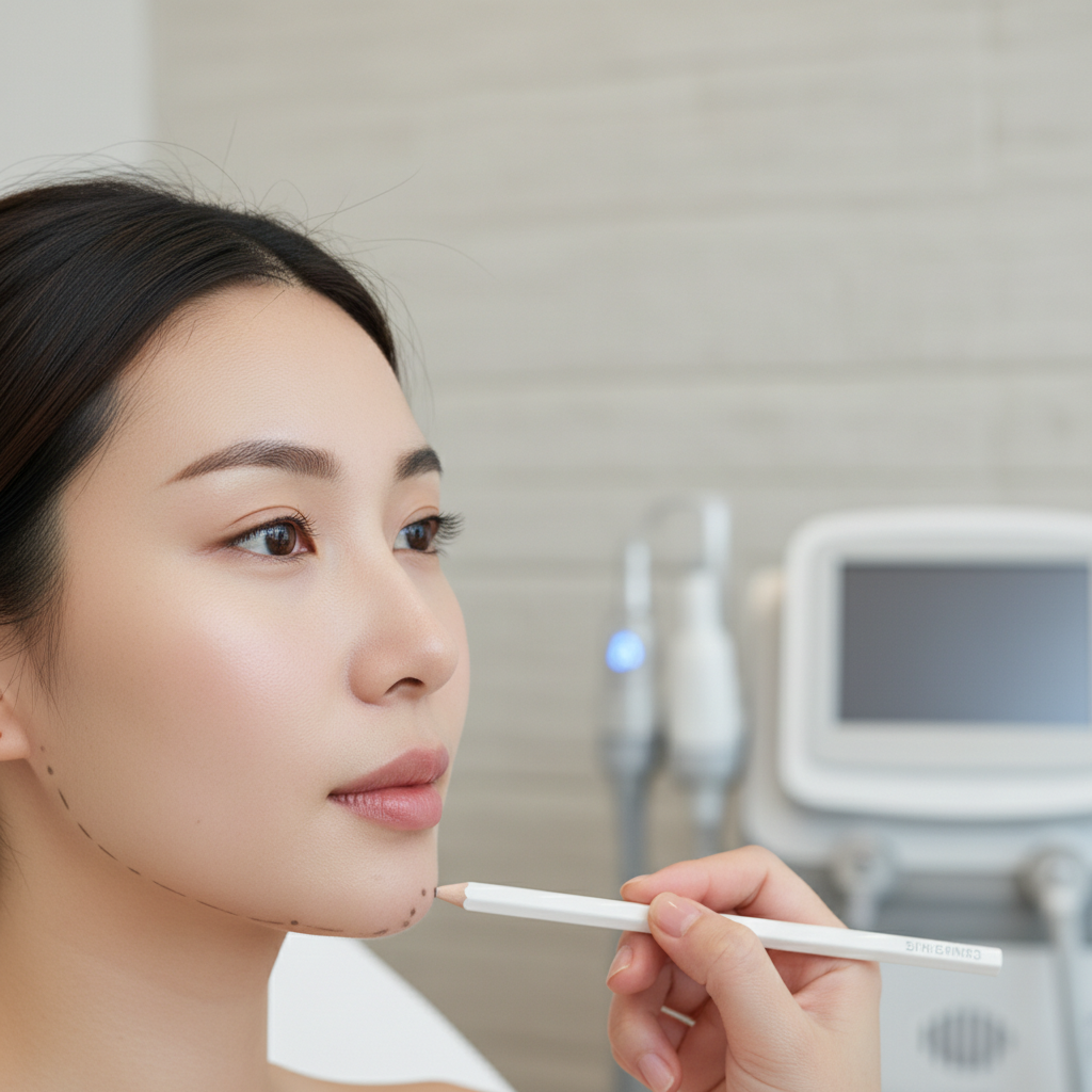 Close-up of a patient's jawline being marked before a Shurink Universe HIFU session at an Apgujeong clinic