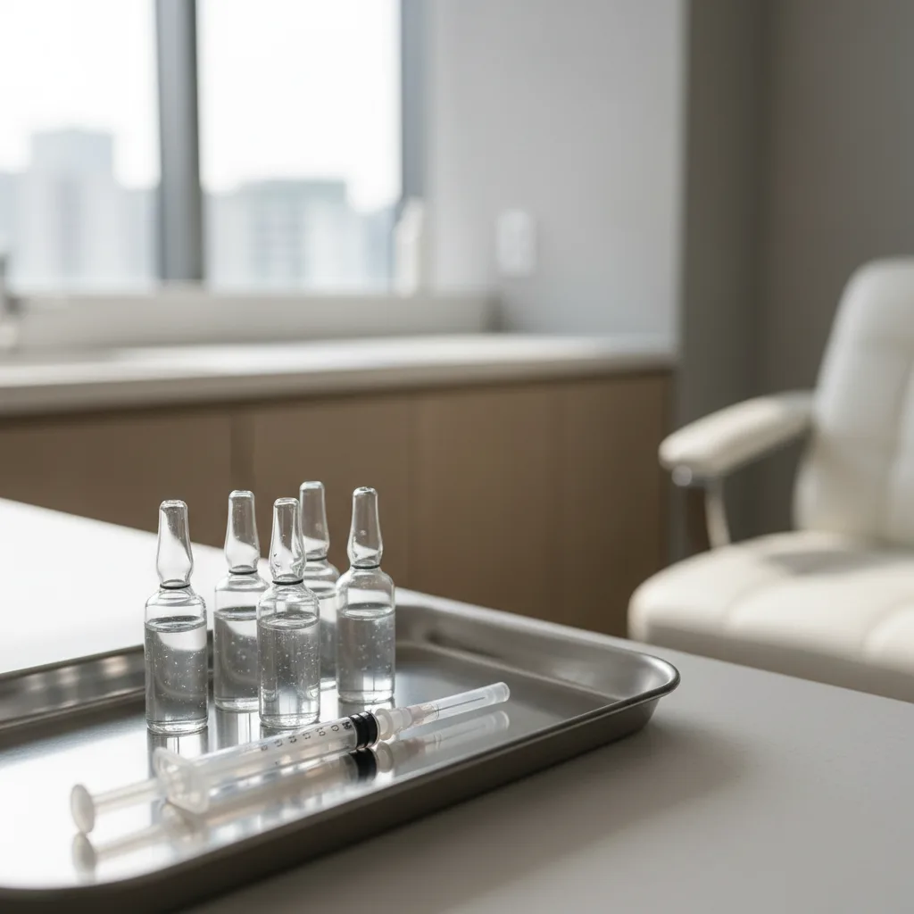 Clear glass exosome vials and a sterile syringe arranged on a brushed-steel medical tray inside a minimalist Gangnam aesthetic clinic treatment room