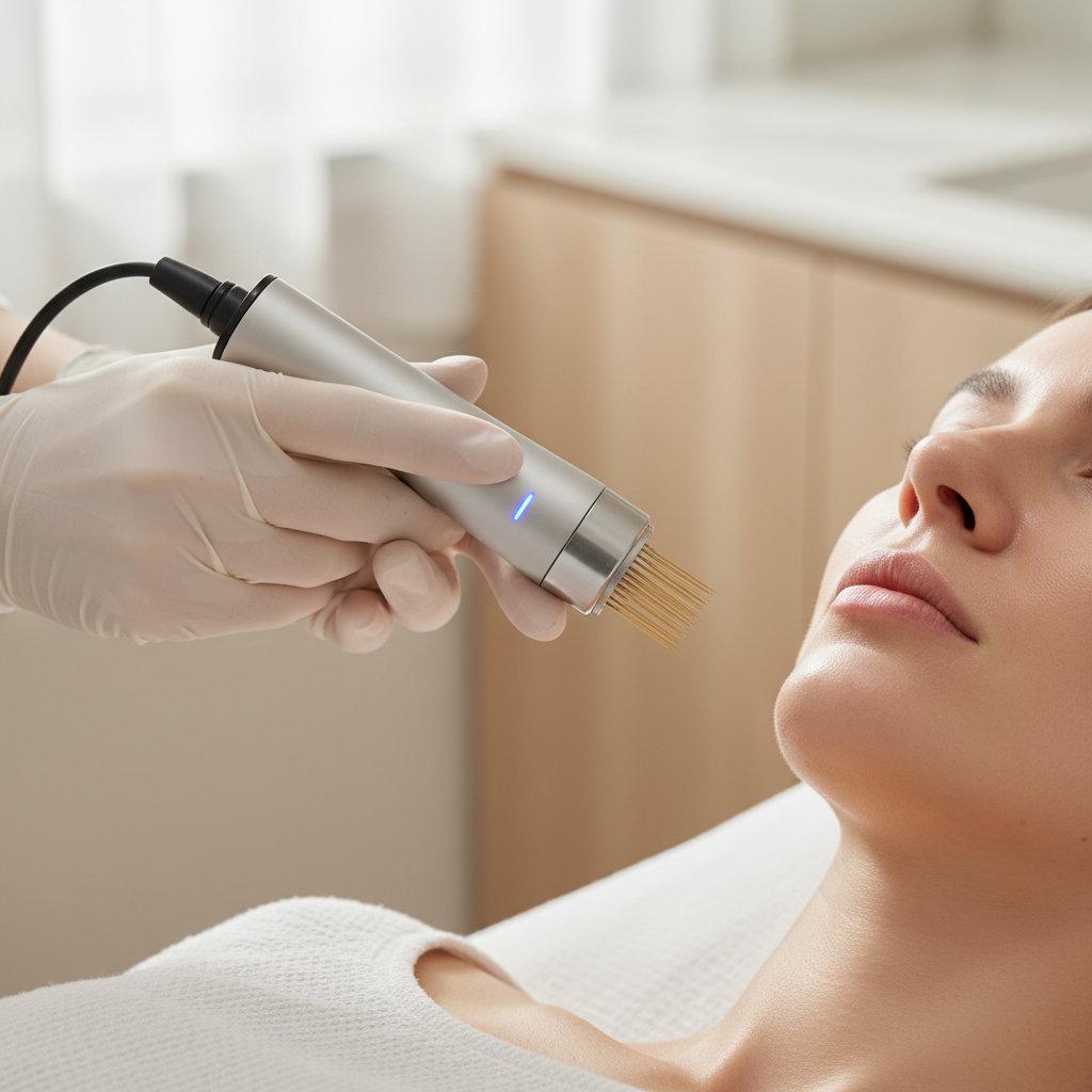Close detail of a Caucasian woman's cheek and jawline, physician's gloved hands holding an RF microneedling device tip just above the skin at a Seoul aesthetic clinic