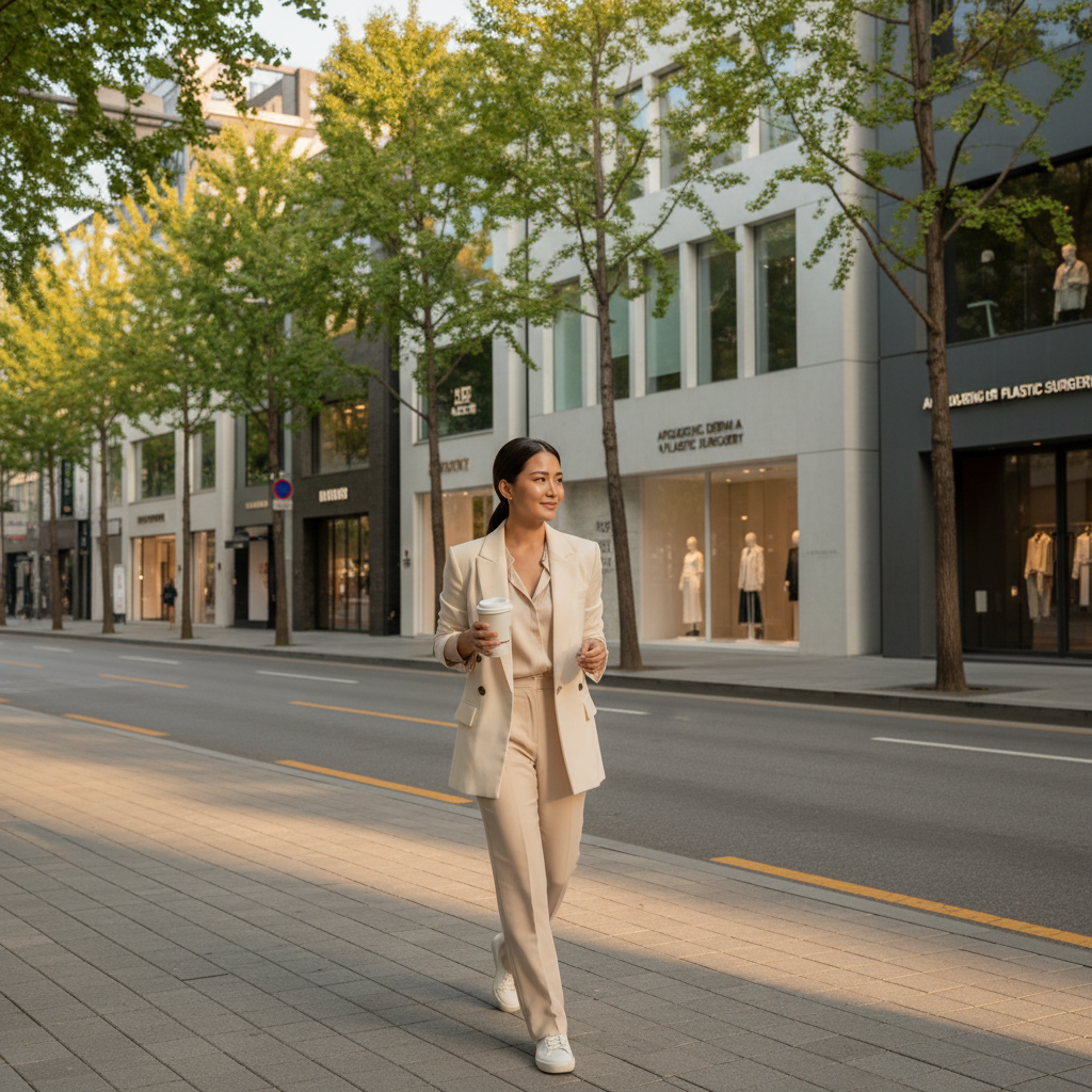 Thai woman in her late twenties with glowing skin walking along an Apgujeong tree-lined street, holding a coffee, clinic facade visible in the background