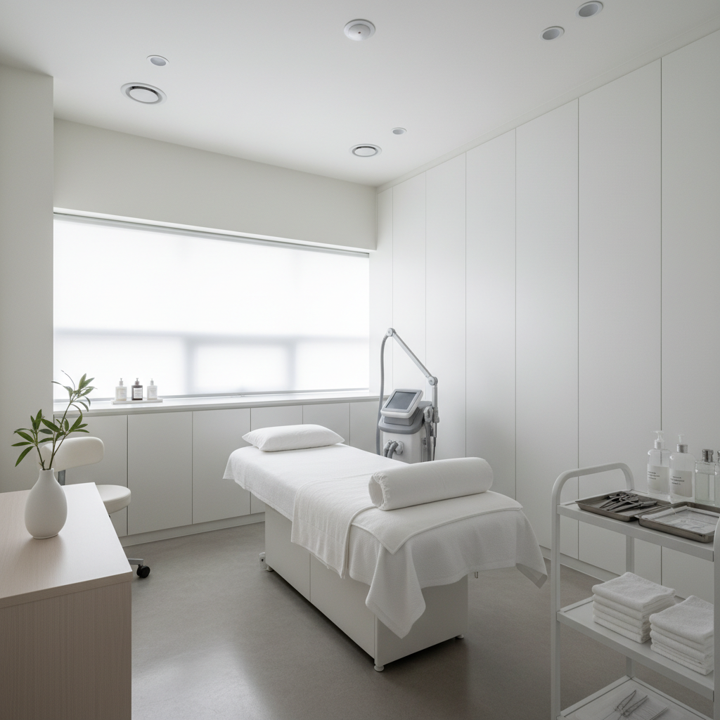 Minimalist treatment room in a Gangnam aesthetic clinic, white linen bed and soft natural light