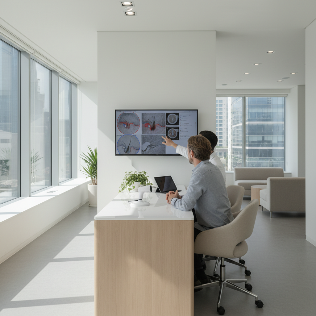 Caucasian man in his early forties at a hair transplant consultation in a modern Seoul clinic, reviewing scalp analysis images with a doctor