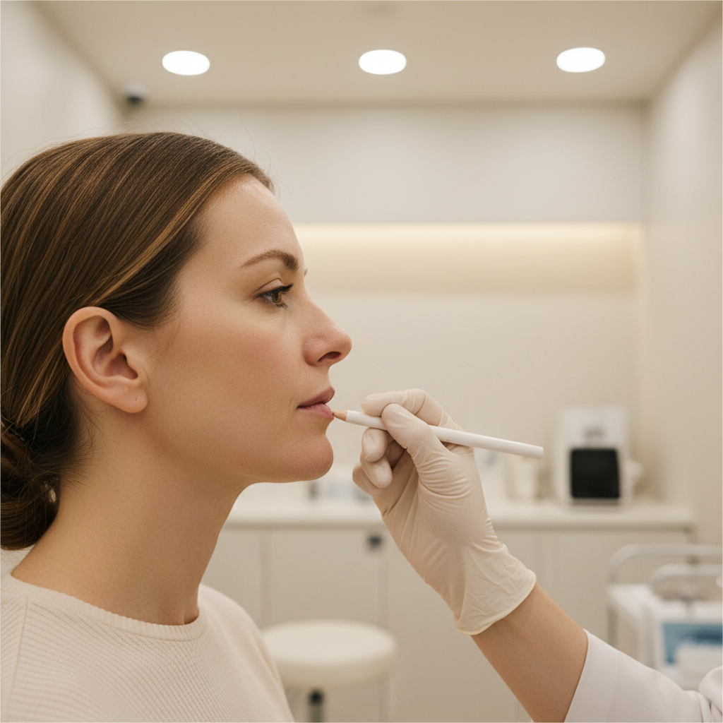 Caucasian woman in her early thirties having her jawline assessed at a Seoul aesthetic clinic in Apgujeong, a gloved practitioner marking the jaw with a white pencil