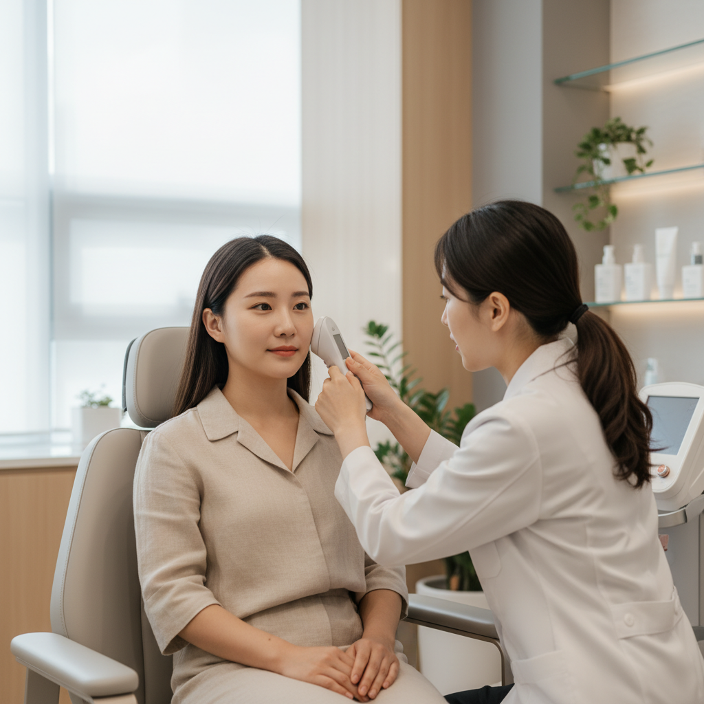 Southeast Asian woman during a skin analysis consultation at an Apgujeong aesthetic clinic in Seoul