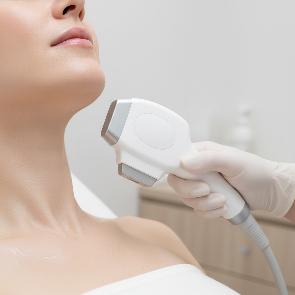 Close-up of a Caucasian woman's jawline with a gloved practitioner holding a clinical ultrasound device applicator against the skin in a clean Seoul clinic treatment room