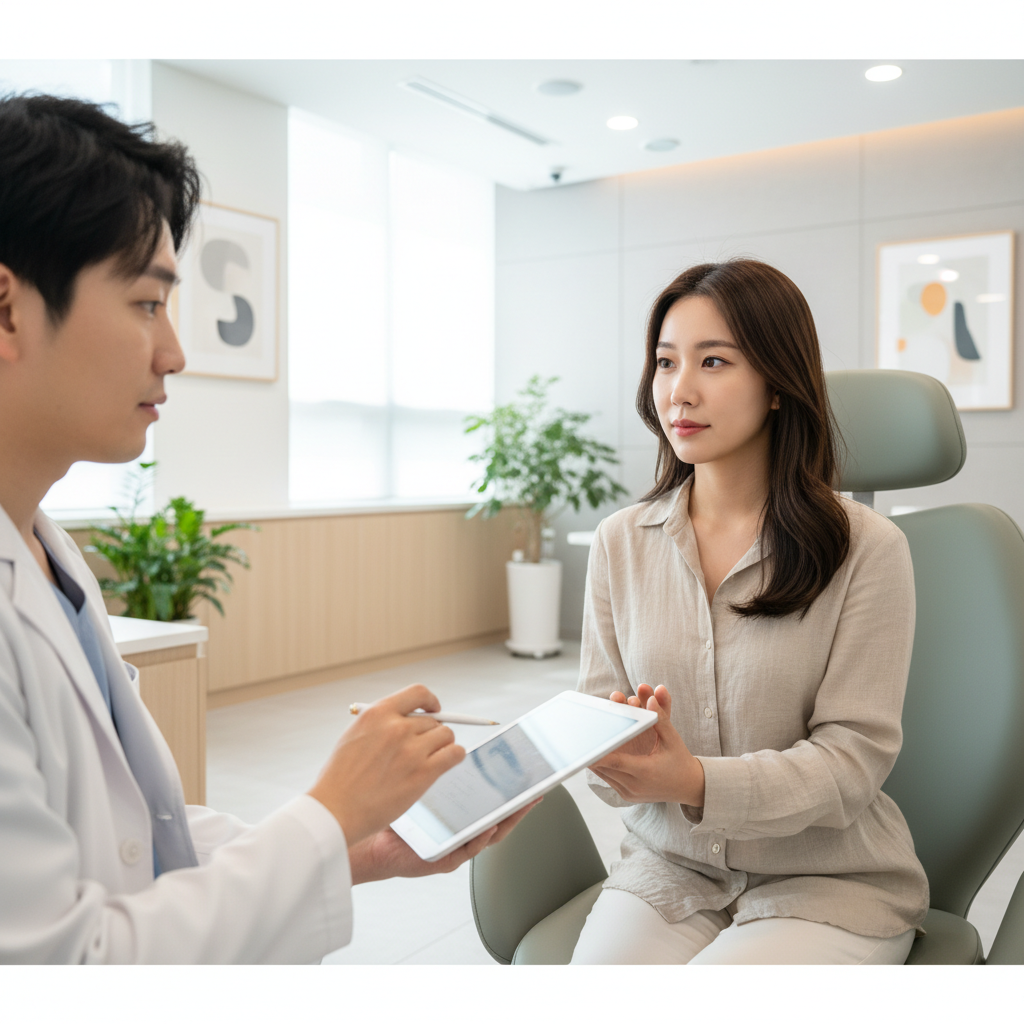 Southeast Asian woman in her late twenties in consultation at a modern aesthetic clinic in Seoul's Sinnonhyeon district