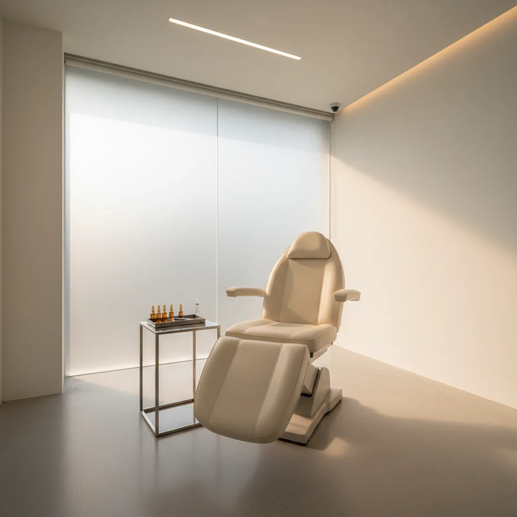 Minimalist treatment room in a Seoul aesthetic clinic with a cream leather treatment chair and a steel tray of ampoules in soft afternoon light