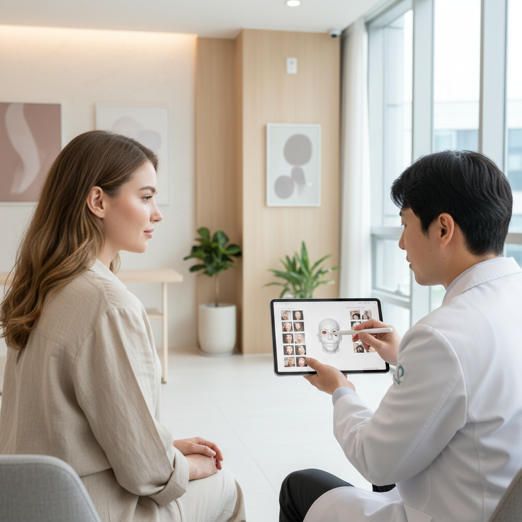 Caucasian woman in consultation with an aesthetic surgeon at a modern Seoul clinic, reviewing 3D facial imaging on a tablet