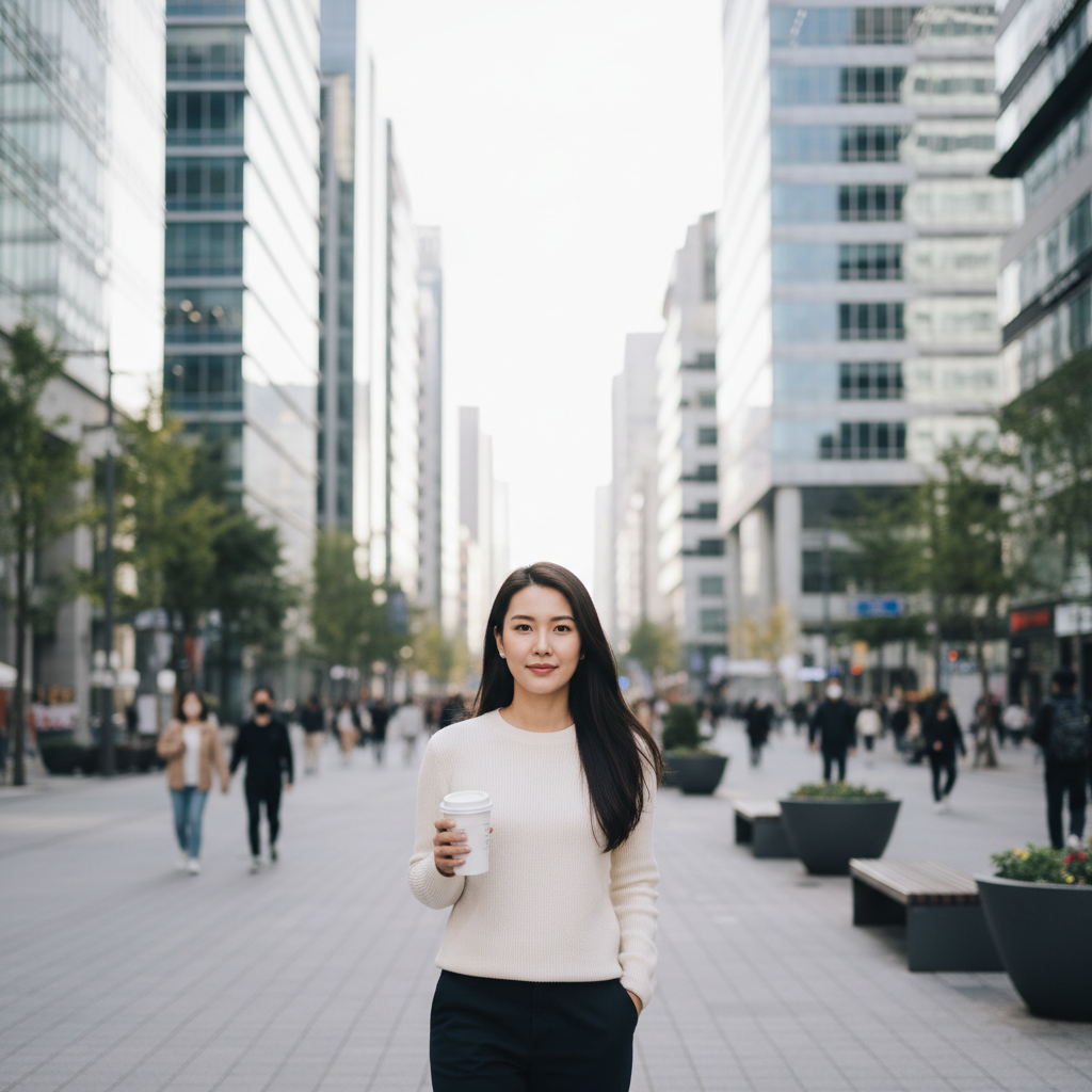 Woman walking along Gangnam-daero near Sinnonhyeon with a coffee, glass clinic towers in the background