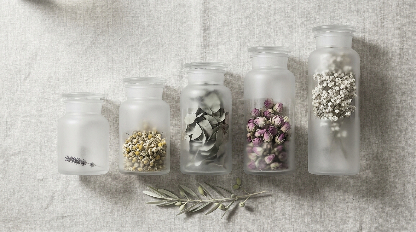 Five frosted-glass apothecary jars in graduated heights left-to-right on bone-linen, visual metaphor for tiered headline pricing across five clinics