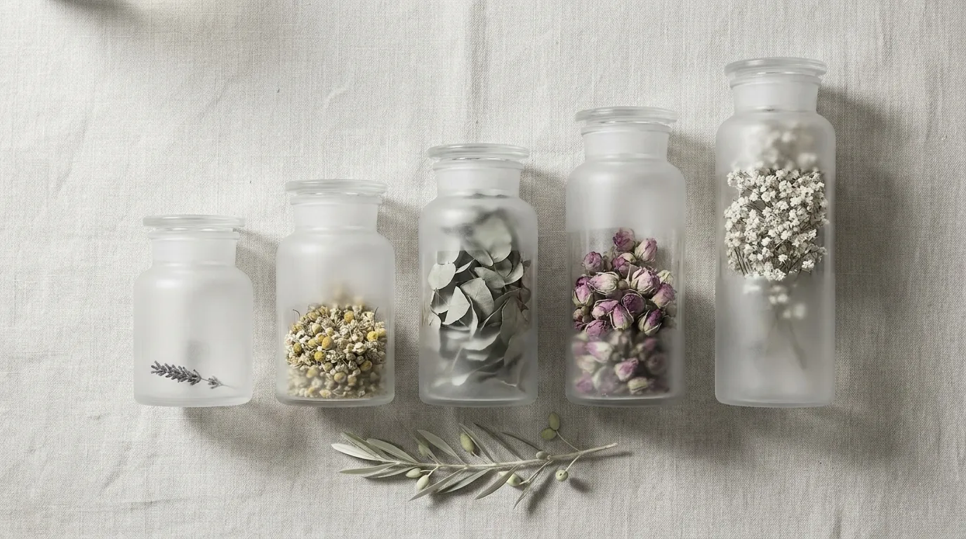 Five frosted-glass apothecary jars in graduated heights left-to-right on bone-linen, visual metaphor for tiered headline pricing across five clinics