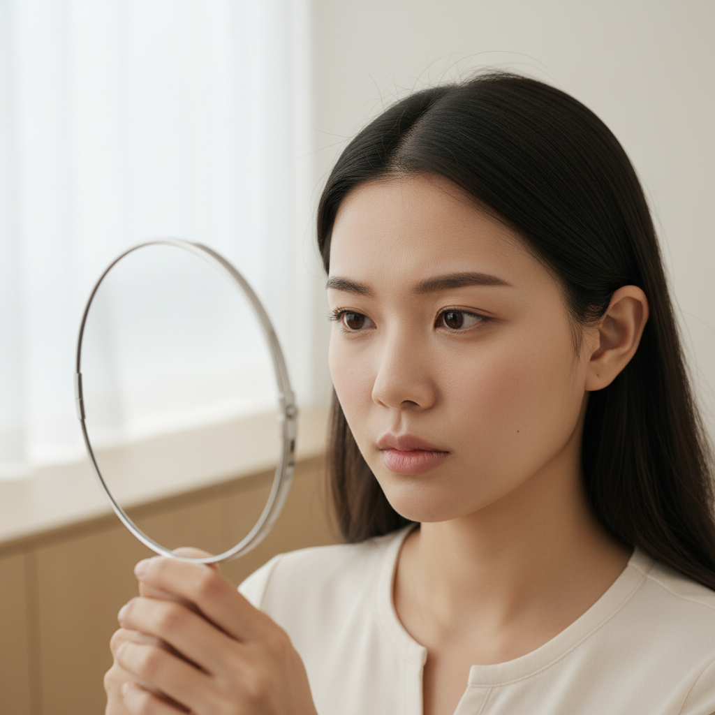 Woman examining her under-eye area with a small mirror during a clinic consultation