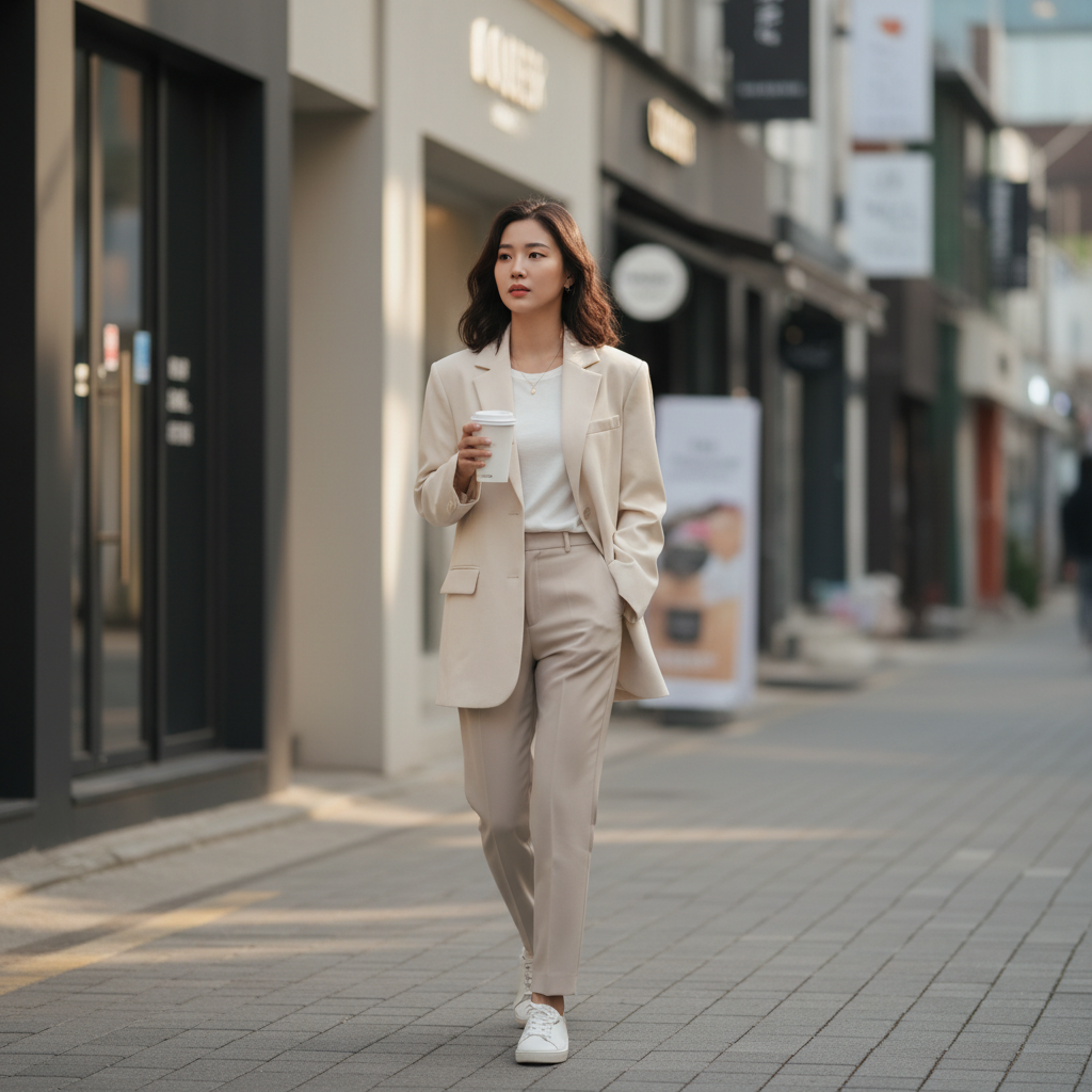 Thai woman in her late twenties walking an Apgujeong side street in late afternoon light, holding a takeaway coffee post-treatment