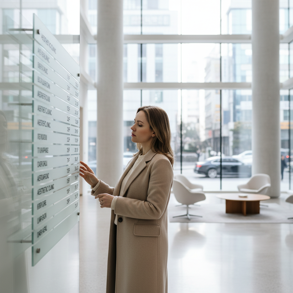 Woman in a beige coat reading a building tenant directory listing aesthetic clinics by floor in Sinnonhyeon, Seoul