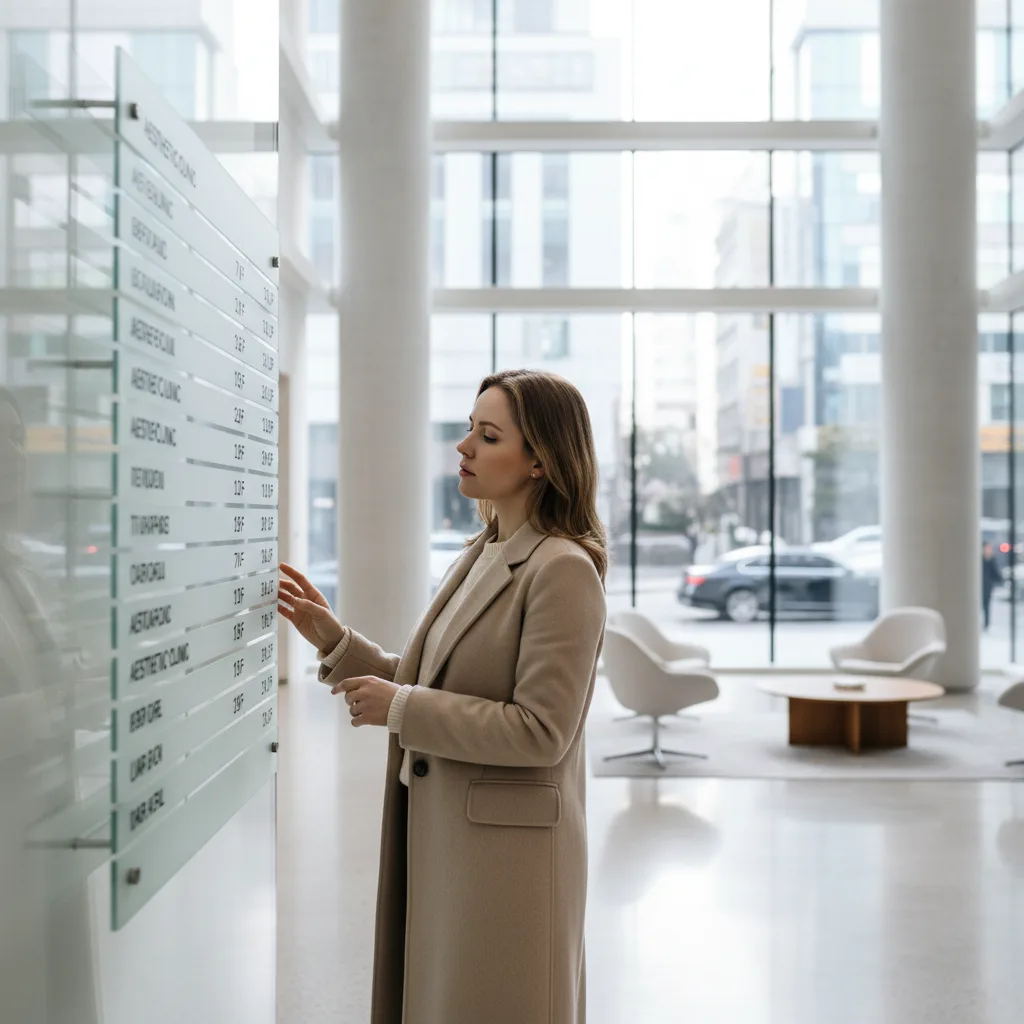 Woman in a beige coat reading a building tenant directory listing aesthetic clinics by floor in Sinnonhyeon, Seoul