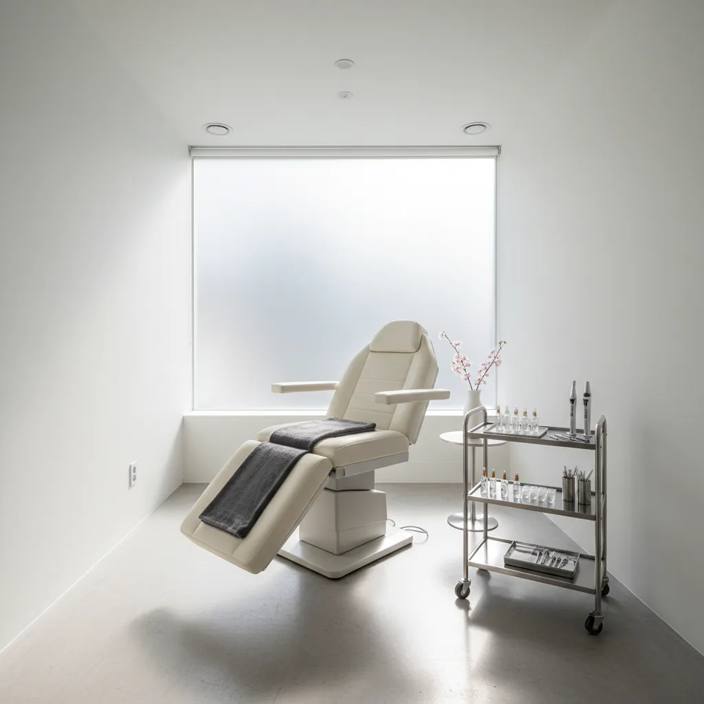 Minimalist aesthetic clinic treatment room in Gangnam Seoul with cream leather chair, steel instrument tray, and soft afternoon light through frosted windows