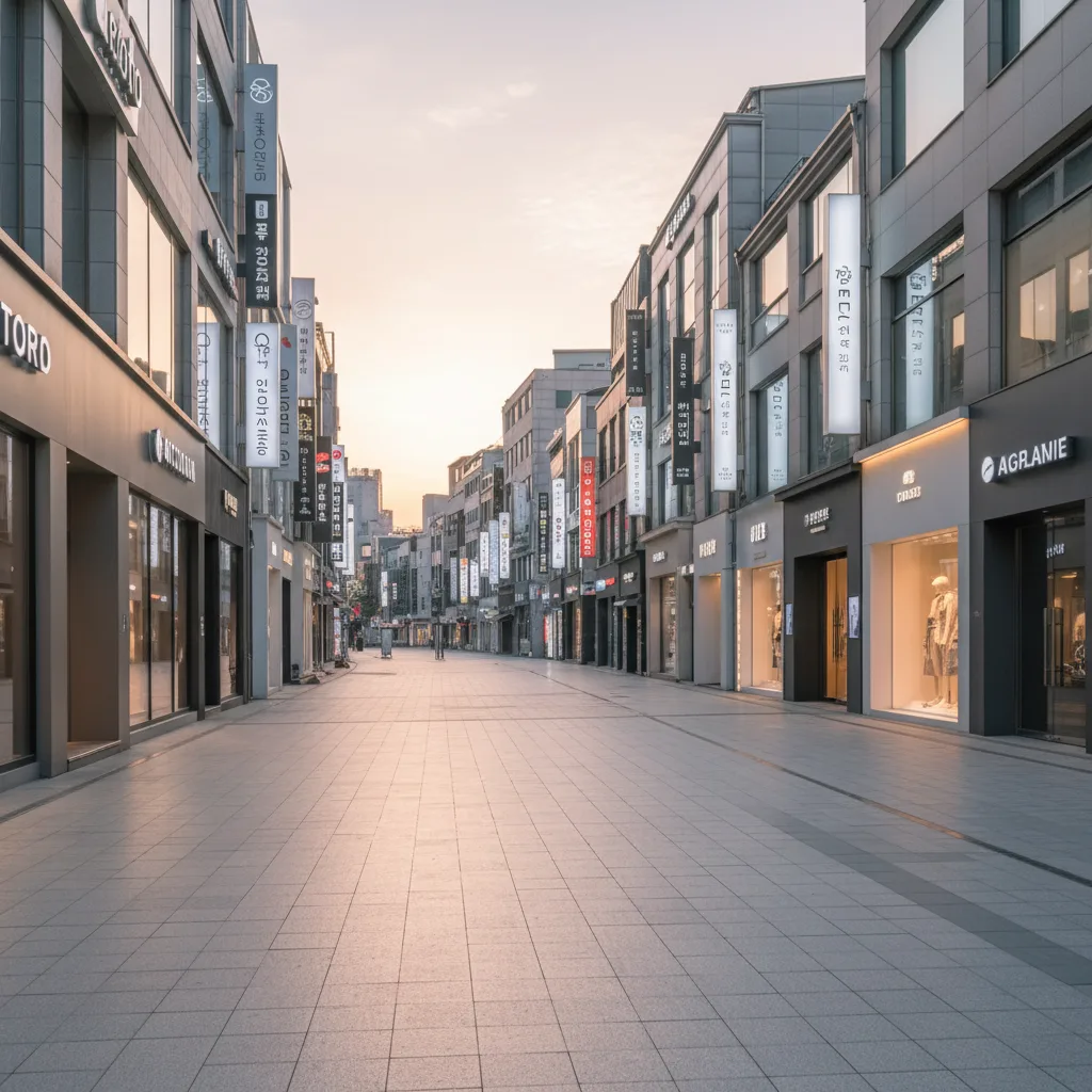 Apgujeong Rodeo street at golden hour with luxury boutique storefronts and upper-floor aesthetic clinic signage