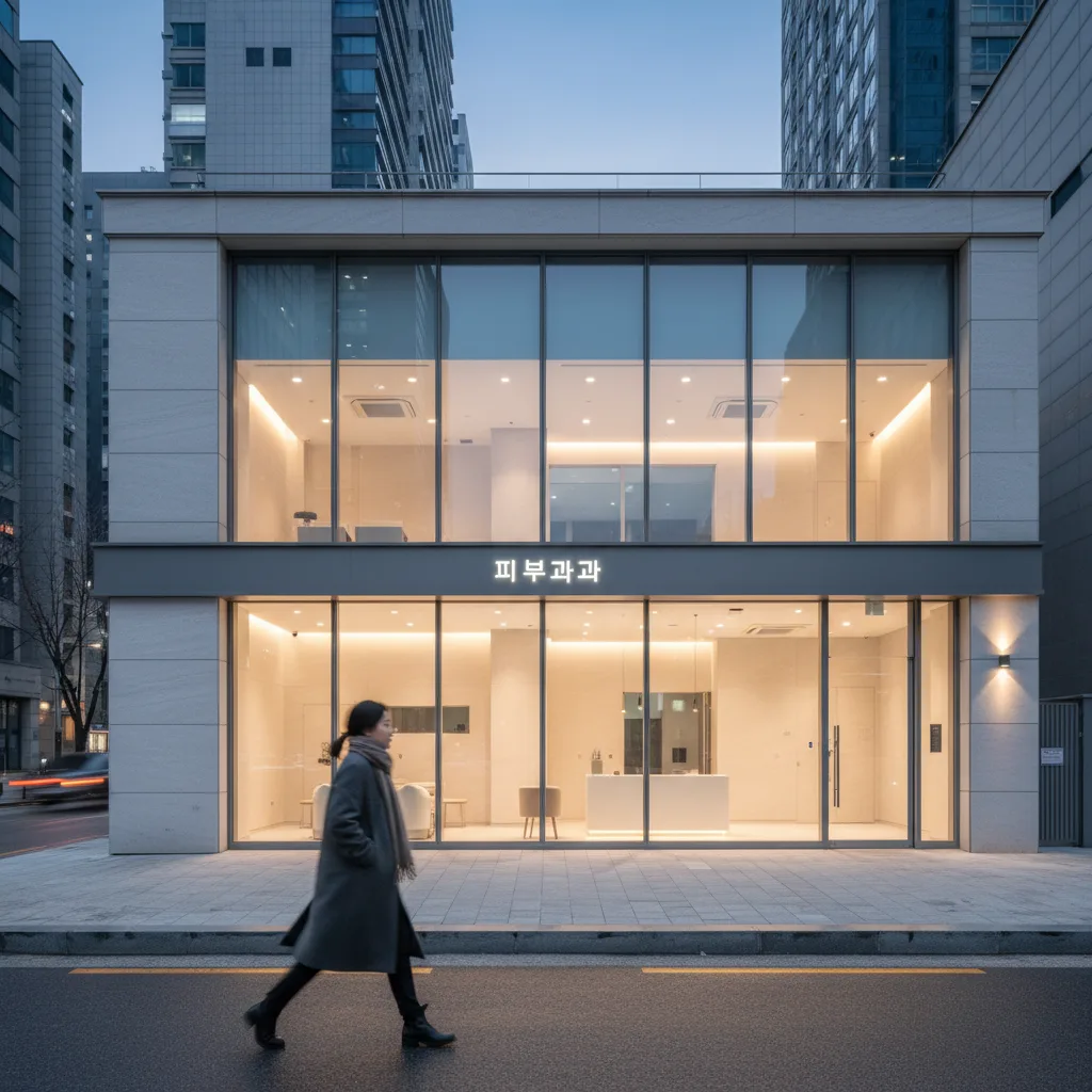 Modern aesthetic clinic exterior at dusk in Seoul's Gangnam district, lit storefront with minimal Korean signage and a passerby in a winter coat