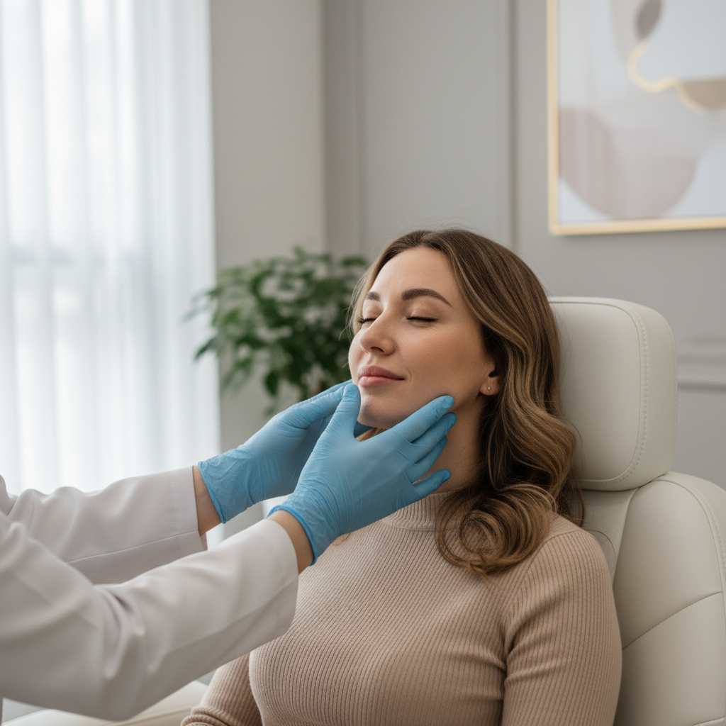 Caucasian woman in her early thirties in a Gangnam aesthetic clinic consultation chair, doctor examining her skin in soft clinical lighting