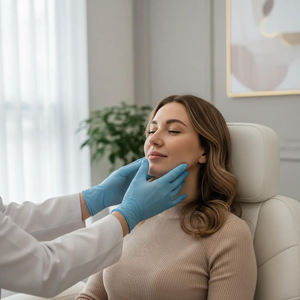 Caucasian woman in her early thirties in a Gangnam aesthetic clinic consultation chair, doctor examining her skin in soft clinical lighting