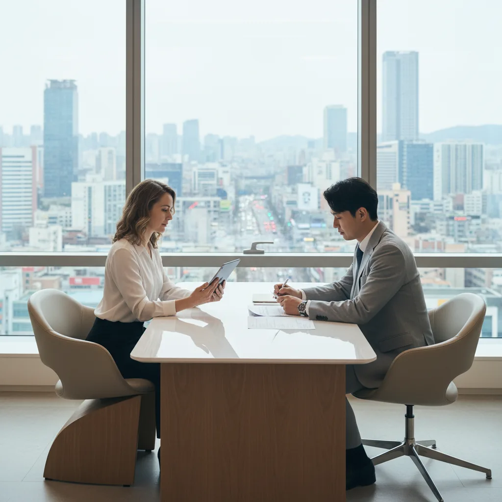 Caucasian woman in a Seoul Gangnam aesthetic clinic consultation room reviewing tablet with clinician