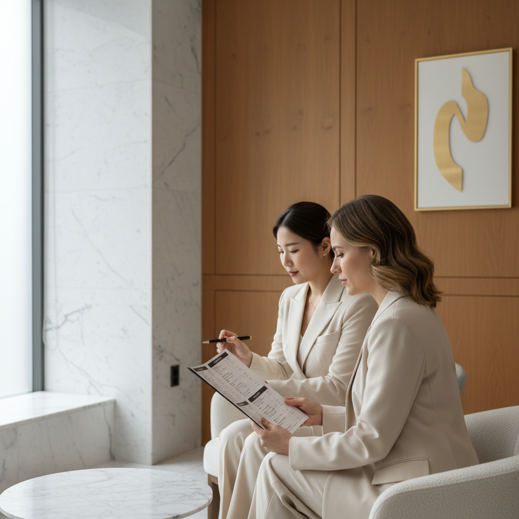 A patient reviewing a printed Korean clinic price menu with a coordinator in an Apgujeong consultation room