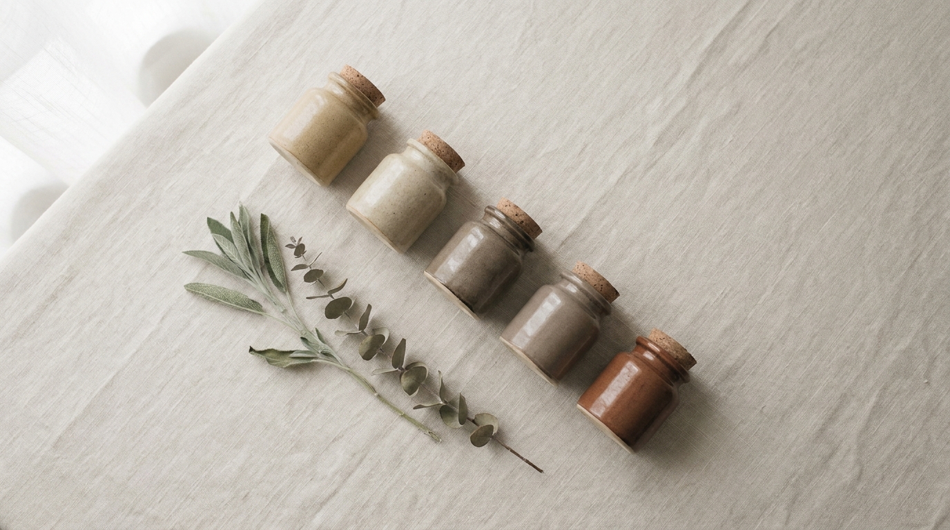 Five small ceramic apothecary jars in earth tones arranged on warm bone-linen with sage and eucalyptus, visual metaphor for a verified short list of five Seoul clinics
