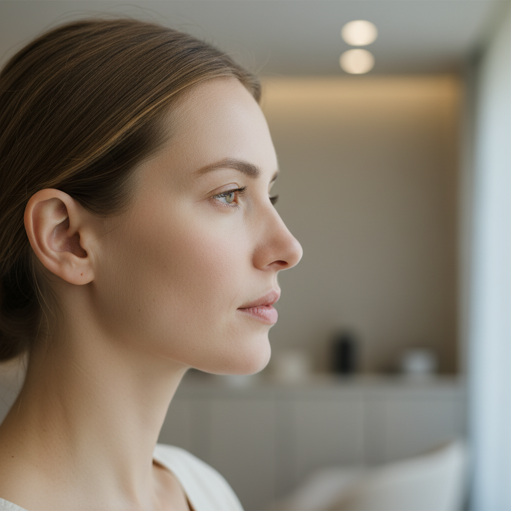 Side profile of a Caucasian woman in her early thirties showing a defined natural jawline, soft window light from a Gangnam clinic
