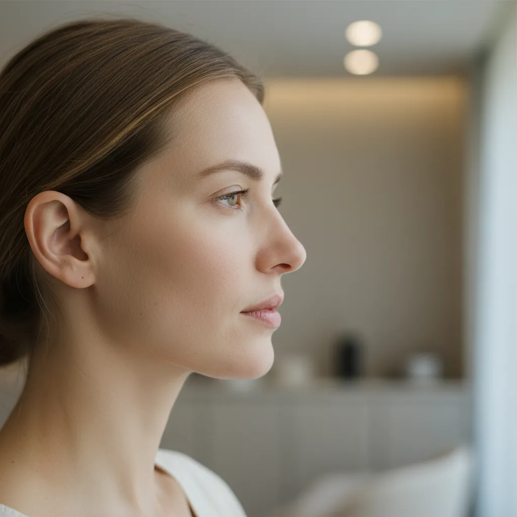 Side profile of a Caucasian woman in her early thirties showing a defined natural jawline, soft window light from a Gangnam clinic