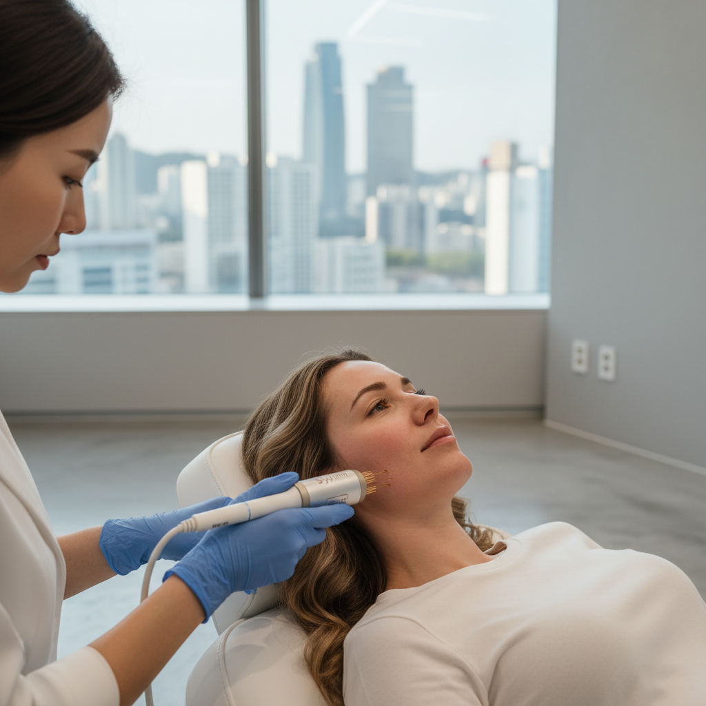 Caucasian woman in her early thirties receiving a Sylfirm-style RF microneedling treatment on her cheek in a minimal Apgujeong clinic room.