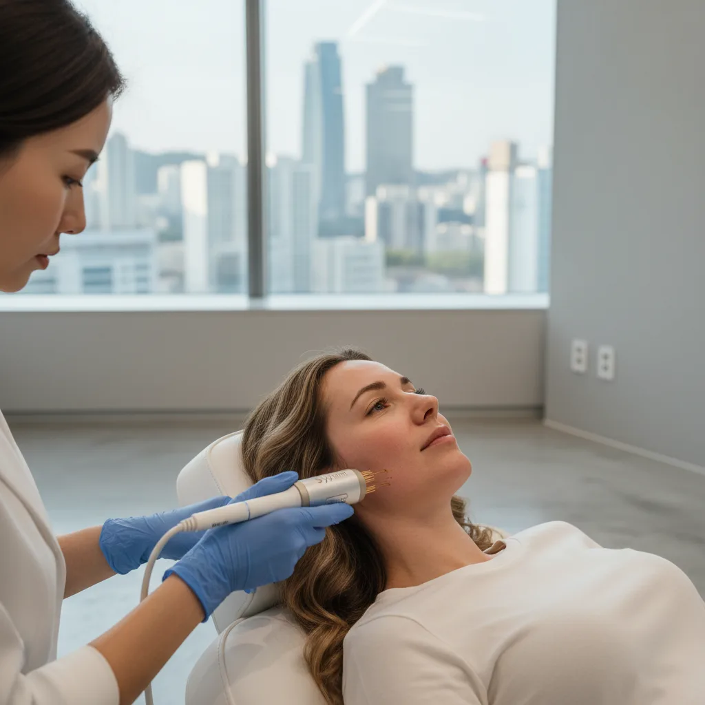 Caucasian woman in her early thirties receiving a Sylfirm-style RF microneedling treatment on her cheek in a minimal Apgujeong clinic room.
