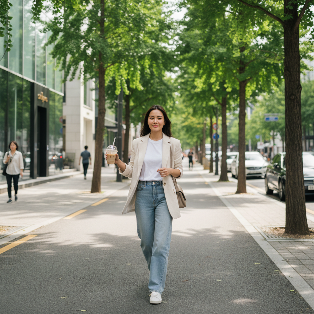 Visitor with healthy glowing skin walking a tree-lined Apgujeong street in Seoul after a skin booster appointment