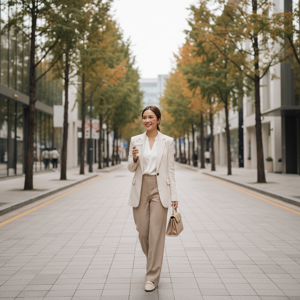 Thai woman walking along a tree-lined street in Cheongdam Seoul after an aesthetic clinic visit